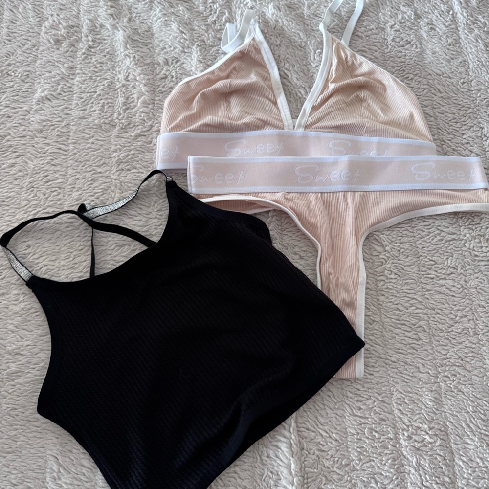 Fashion Nova Black and Cream Intimates Set